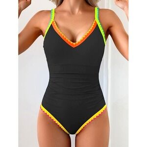 Women's One Piece Swimsuit XL Tummy Control Black Colorblock V-neck  Beach NEW